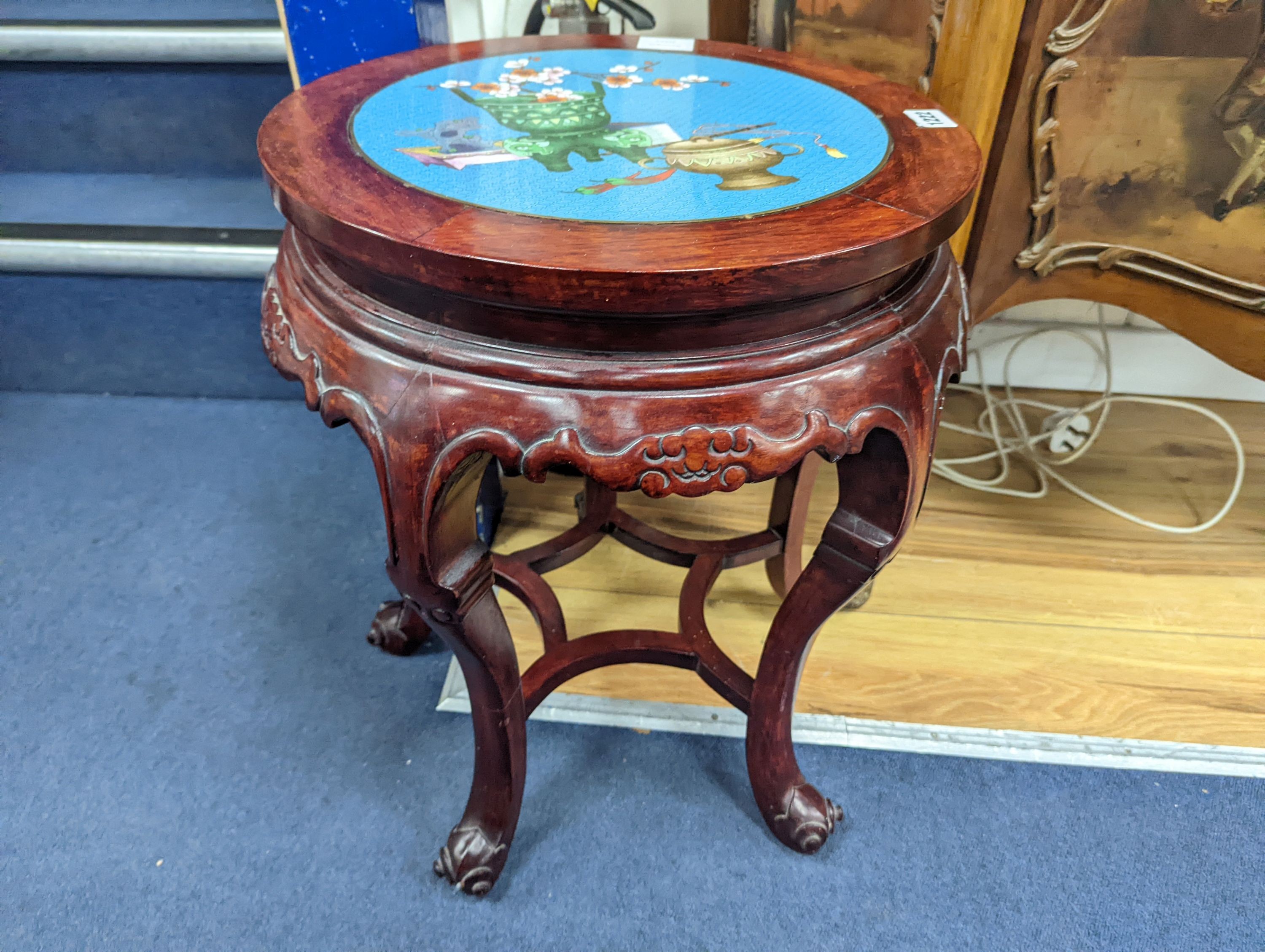 A Chinese hardwood and cloisonne enamel inset jardiniere stand, diameter 40cm, height 52cm